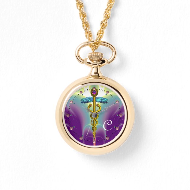 GOLD CADUCEUS MONOGRAMM, Lila grün Armbanduhr (Vorderseite)