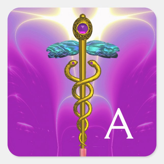 GOLD CADUCEUS MONOGRAMM, Lila rosa Quadratischer Aufkleber (Vorderseite)