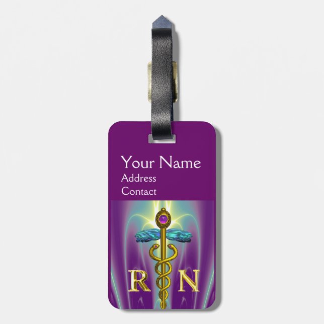GOLD CADUCEUS REGISTRIERT NURSE SYMBOL Lila grün Gepäckanhänger (Rückseite vertikal)