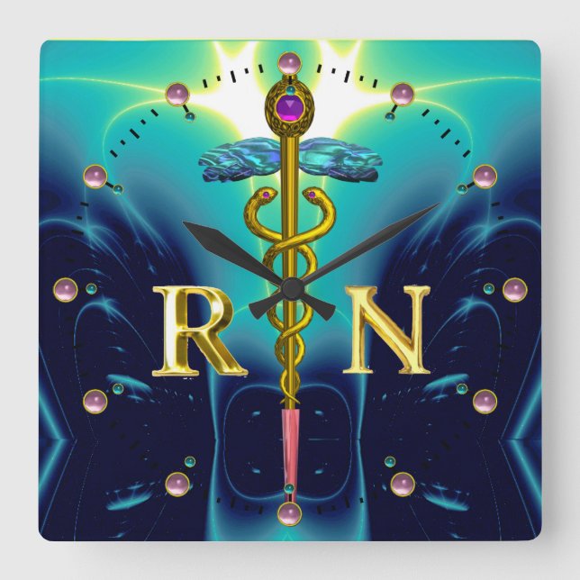 GOLD CADUCEUS REGISTRIERTES NURSE-SYMBOL, Aquamari Quadratische Wanduhr (Vorderseite)