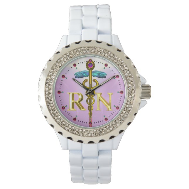GOLD CADUCEUS REGISTRIERTES NURSE-SYMBOL / Pink,Li Armbanduhr (Vorderseite)