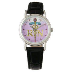 GOLD CADUCEUS REGISTRIERTES NURSE-SYMBOL / Pink,Li Armbanduhr