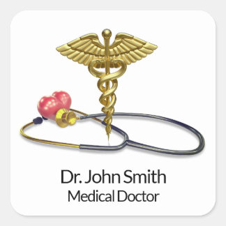Gold Caduceus & Stethoscope with Heart Medical Quadratischer Aufkleber