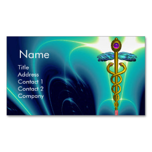 GOLD CADUCEUS SYMBOL / Aquamarin Blau Türkis Magnetische Visitenkarte