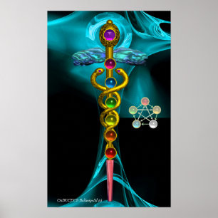 GOLD CADUCEUS UND 7 CHAKRAS IN ROSE MIT BLAUEM FRA POSTER