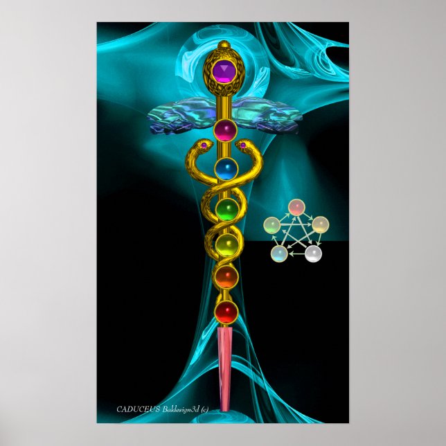 GOLD CADUCEUS UND 7 CHAKRAS IN ROSE MIT BLAUEM FRA POSTER (Vorne)