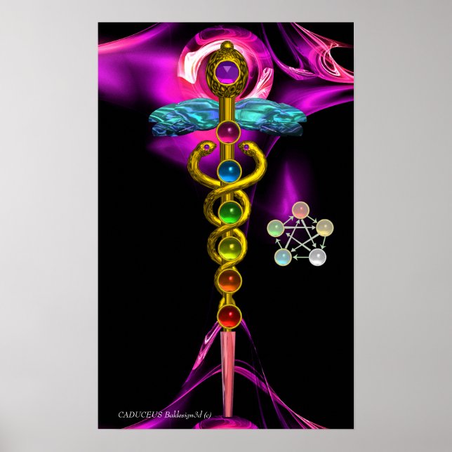 GOLD CADUCEUS UND 7 SCHAKRAS IN PINK FRAKTAL ROSE POSTER (Vorne)