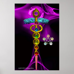 GOLD CADUCEUS UND 7 SCHWANKER IN ROSE LILA FRAKTAL POSTER