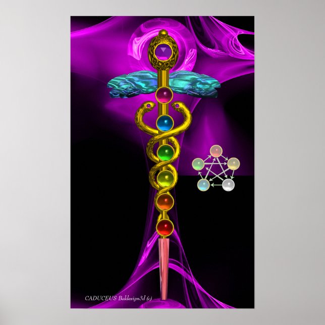 GOLD CADUCEUS UND 7 SCHWANKER IN ROSE LILA FRAKTAL POSTER (Vorne)