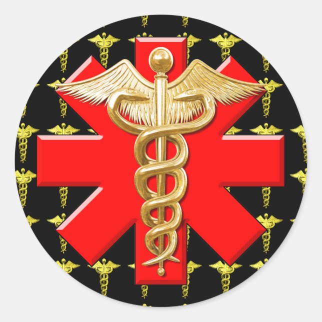 Gold Caduceus und Medical Cross Runder Aufkleber (Vorderseite)