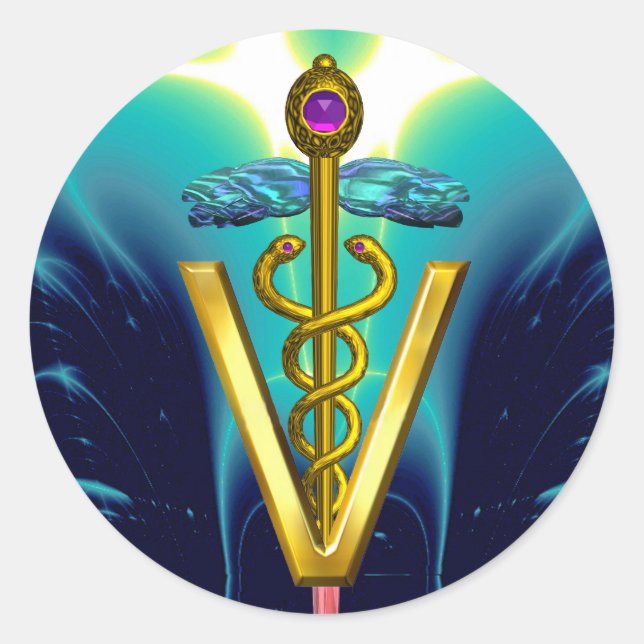 GOLD CADUCEUS VETERINÄRSYMBOL Blau Aquamarin Runder Aufkleber (Vorderseite)