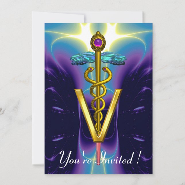 GOLD CADUCEUS VETERINÄRSYMBOL Blau Lila Einladung (Vorderseite)