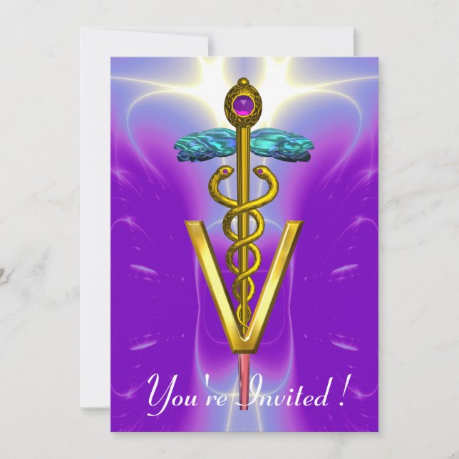 GOLD CADUCEUS VETERINÄRSYMBOL Blau Lila Einladung (Vorderseite)