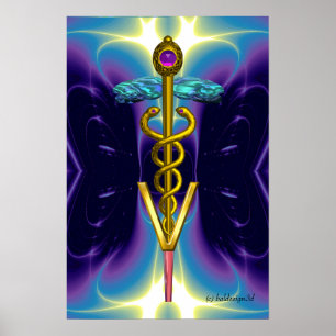 GOLD CADUCEUS VETERINÄRSYMBOL Blau Lila Poster