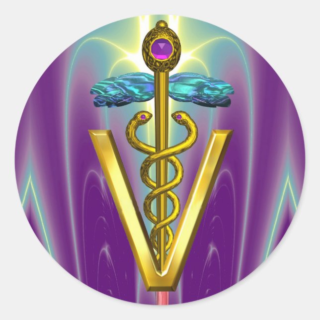 GOLD CADUCEUS VETERINÄRSYMBOL Lila grün Runder Aufkleber (Vorderseite)
