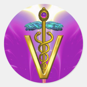 GOLD CADUCEUS VETERINÄRSYMBOL Pink Fuchsia Runder Aufkleber