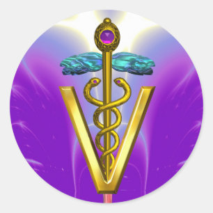 GOLD CADUCEUS VETERINÄRSYMBOL Pink Lila Runder Aufkleber