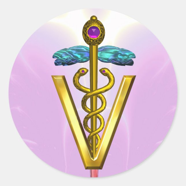 GOLD CADUCEUS VETERINÄRSYMBOL Rosa Weiß Runder Aufkleber (Vorderseite)
