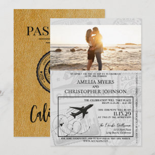Gold California Passport Wedding Einladung
