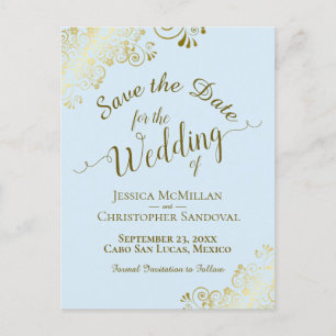 Gold Calligrafy Wedding Save the Date Blue Ankündigungspostkarte