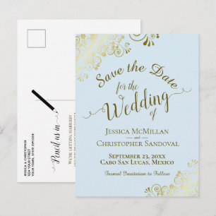 Gold Calligrafy Wedding Save the Date Blue Ankündigungspostkarte