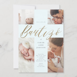 Gold Calligraphie Foto Collage Baby Bautizó Cross Einladung