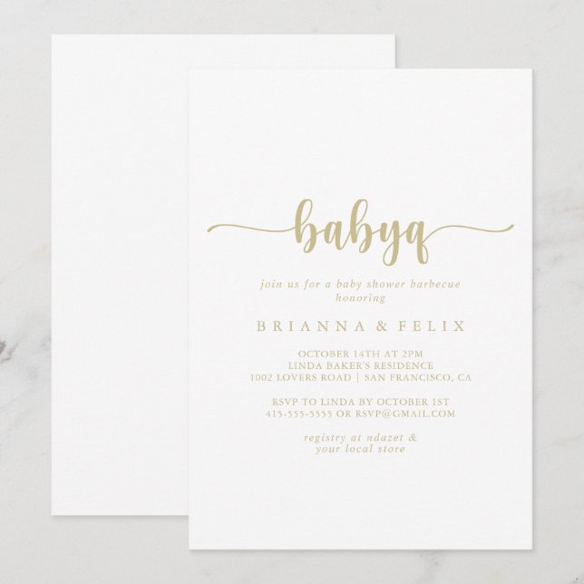 Gold Calligraphy BabyQ Baby Shower Barbecue Einladung (Vorne/Hinten)