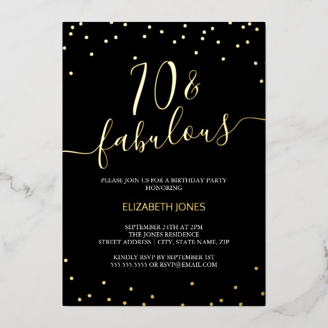 Gold Calligraphy Confetti 70. Fabulous Geburtstag Folieneinladung (Vorderseite)