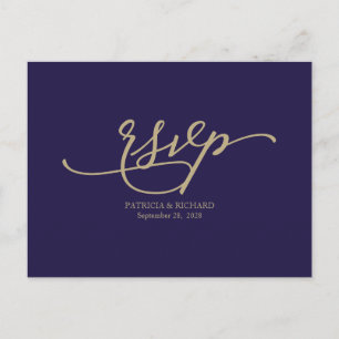 Gold Calligraphy Navy Blue Wedding RSVP Postkarte
