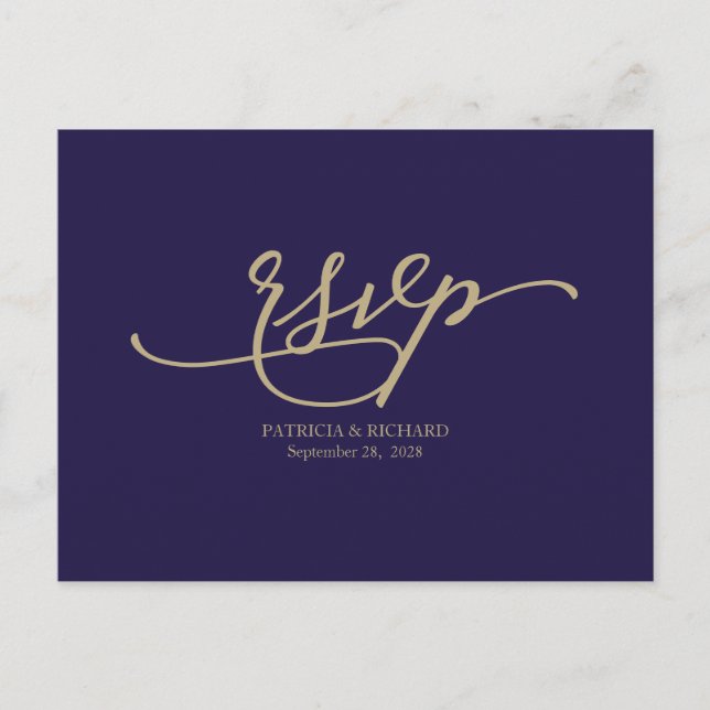 Gold Calligraphy Navy Blue Wedding RSVP Postkarte (Vorderseite)