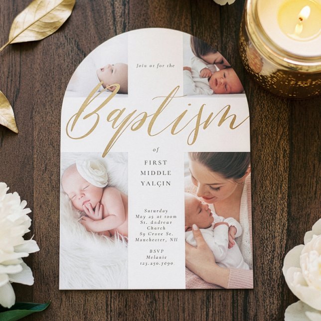 Gold Calligraphy Photo Collage Baby Baptism Cross Einladung (Gold Calligraphy Photo Collage Baby Baptism Cross Invitation)