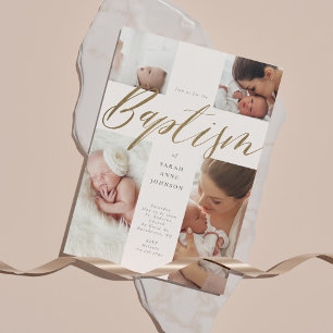 Gold Calligraphy Photo Collage Baby Baptism Cross Einladung