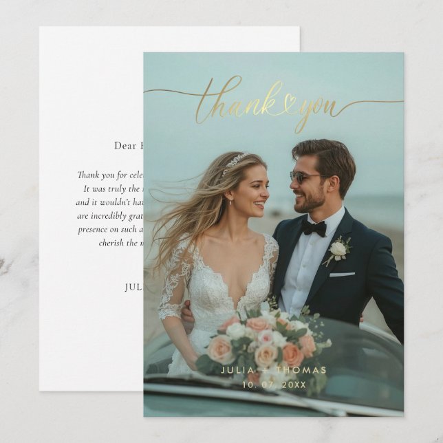 Gold Calligraphy Wedding Foto Danke-Card Dankeskarte (Vorne/Hinten)