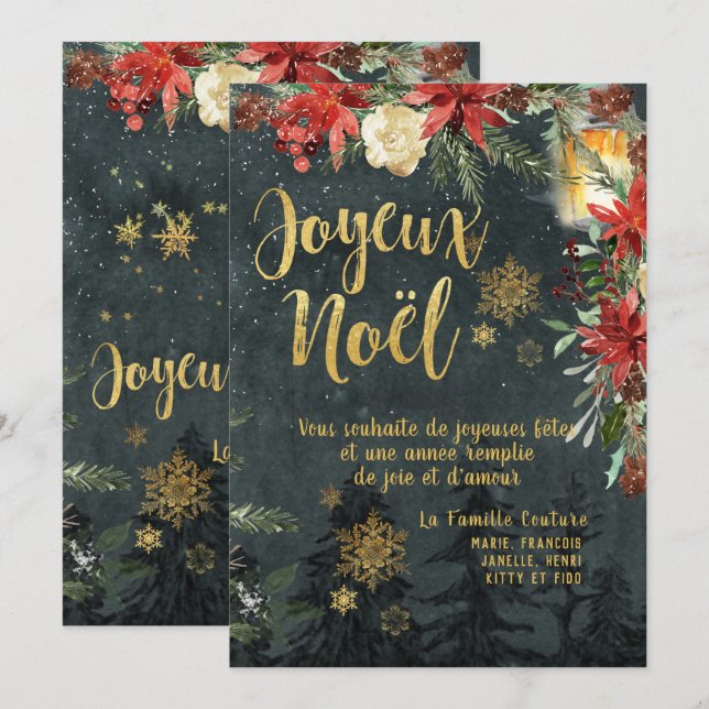 Gold Calligraphy Woodland French Joyeux Weihnachte Einladung (Vorne/Hinten)
