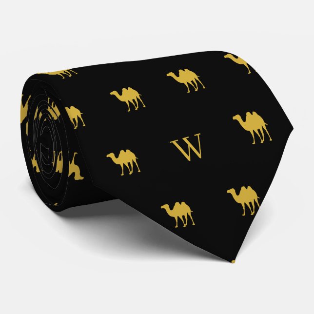 Gold Camel Humpday Monogram Initials Black Krawatte (Gerollt)