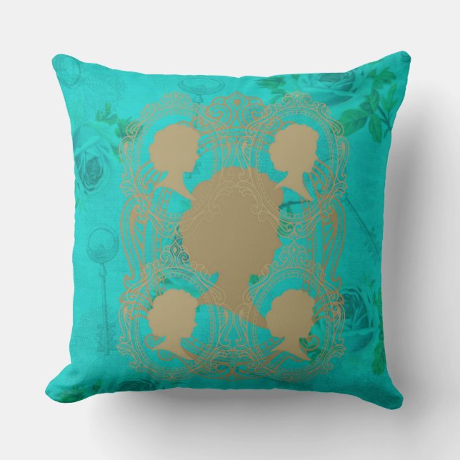 Gold CameoLadys Turquoise Rose & Keys SquarePillow Kissen (Vorderseite)