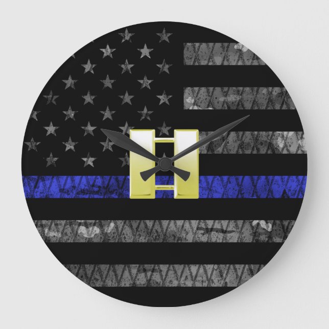(Gold) Captain Thin Blue Line Distressed Flag Große Wanduhr (Vorderseite)
