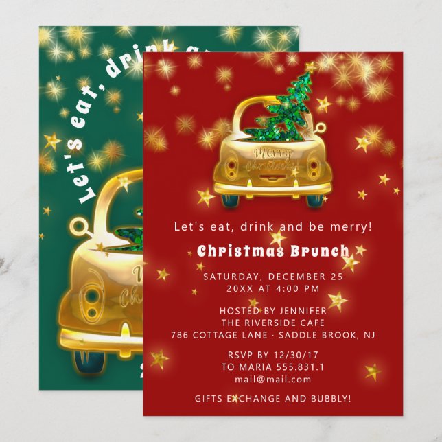 Gold Car Frohe Weihnachts Brunch Dinner Rot Grün Einladung (Vorne/Hinten)