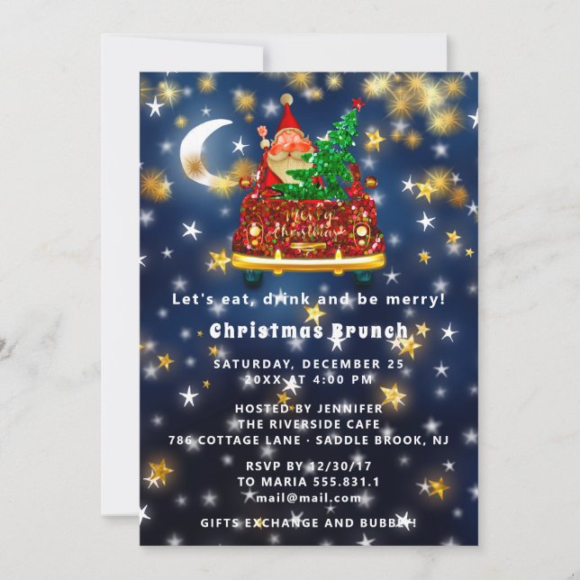 Gold Car Frohe Weihnachtsfeier Abendessen Santa Na Einladung (Vorderseite)