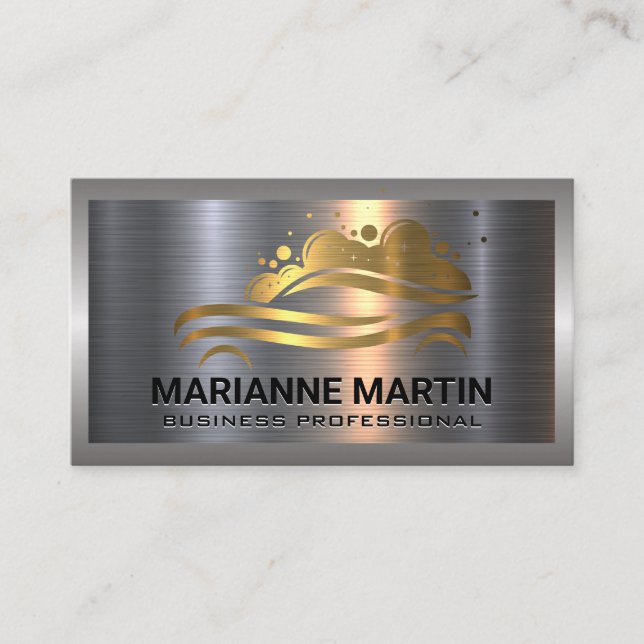 Gold Car Wash Logo | Aluminium aus Metall, gebürst Visitenkarte (Vorderseite)