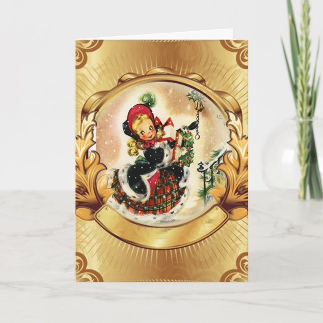Gold Card Rahmen, Vintages Mädchen für Weihnachten (Vorderseite)