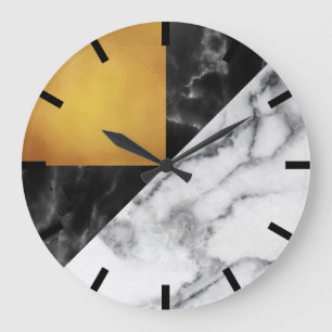 Gold Carrara Marble Gray Geometry Black Stone Meta Große Wanduhr