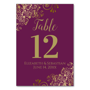 Gold & Cassis Lila Elegante Frilly Wedding Tischnummer
