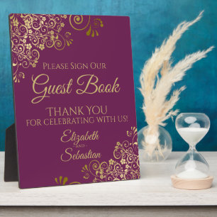 Gold & Cassis Purple Sign Our Guest Book Wedding Fotoplatte