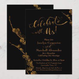 Gold "Celebrate with us" mit Botanicals auf schwar Einladung