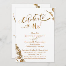 Gold "Celebrate with us" mit Botanicals auf Weiß