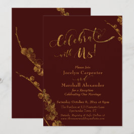 Gold "Celebrate with us" mit Botanicals, Burgund Einladung