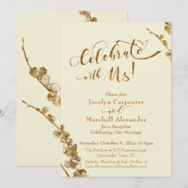 Gold "Celebrate with us" mit Botanicals, Elfenbein Einladung