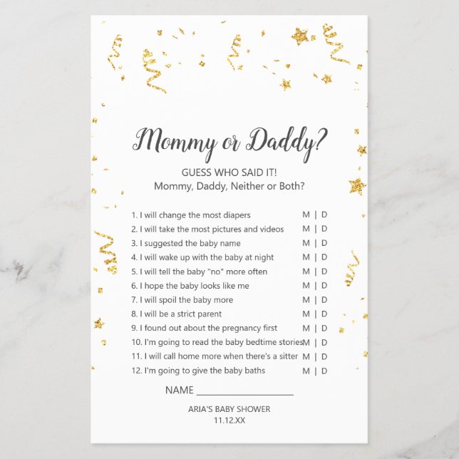 Gold Celebration Baby Shower Mommy oder Daddy Game Flyer (Vorne)