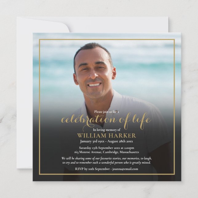Gold Celebration of Life Funeral Photo Invitation (Devant)